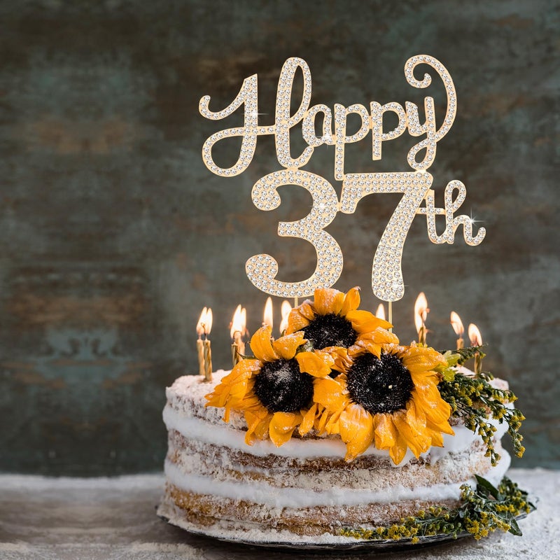 LASKYER Happy 37th Birthday Decorations,37th Birthday Gold Rhinestone Cake Topper - Cheers to 37 Years Old Bday Party Metal Sparkly Cake Centerpieces Sign. - Image 4